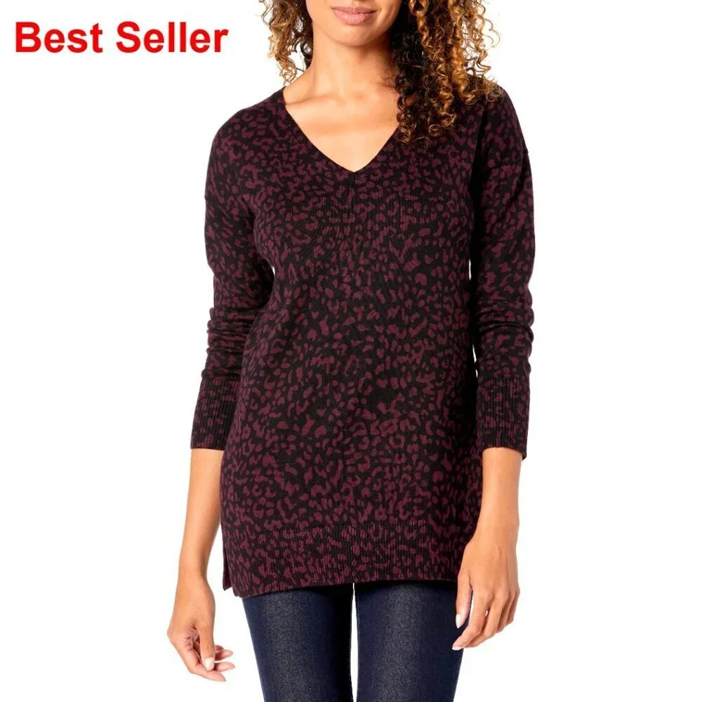 Lightweight Long Sleeve V-Neck Tunic Sweater, Plus Size, Cotton Blend